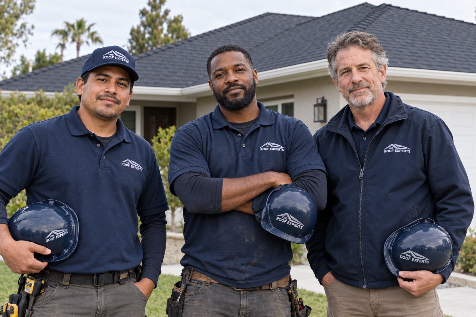 Illustrative roofing crew in navy workwear standing at ground level beside a Southern California home