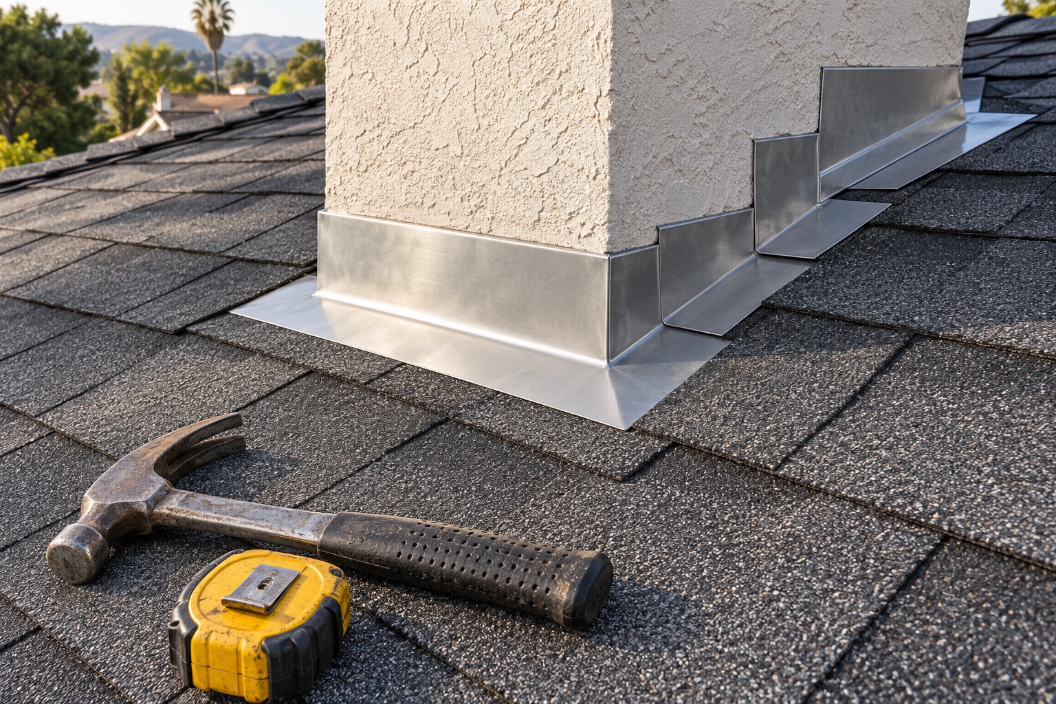 Sharp close-up of new charcoal roof shingles and carefully installed metal flashing beside a stucco chimney