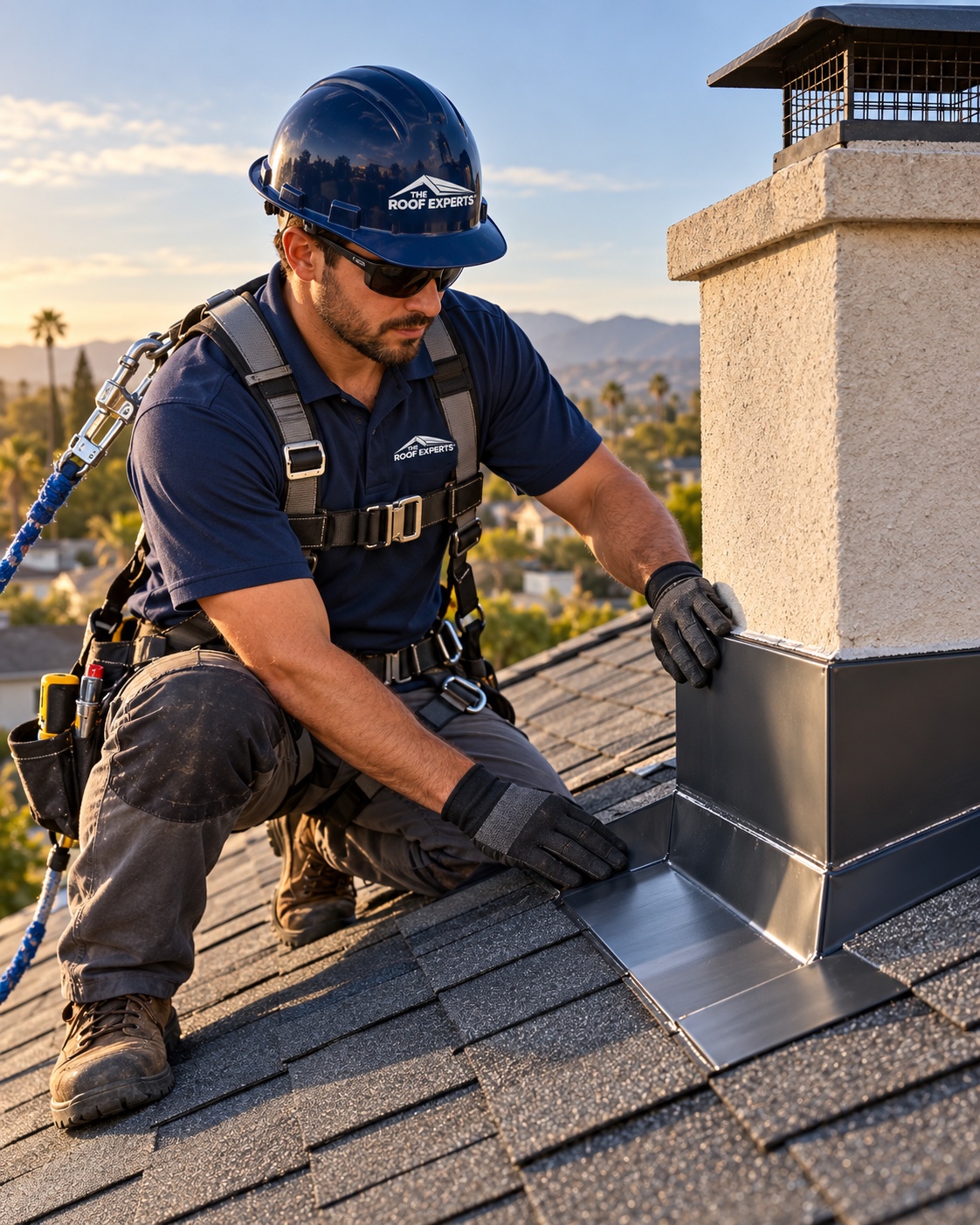 Illustrative roofing professional in navy workwear and a safety harness checking new chimney flashing