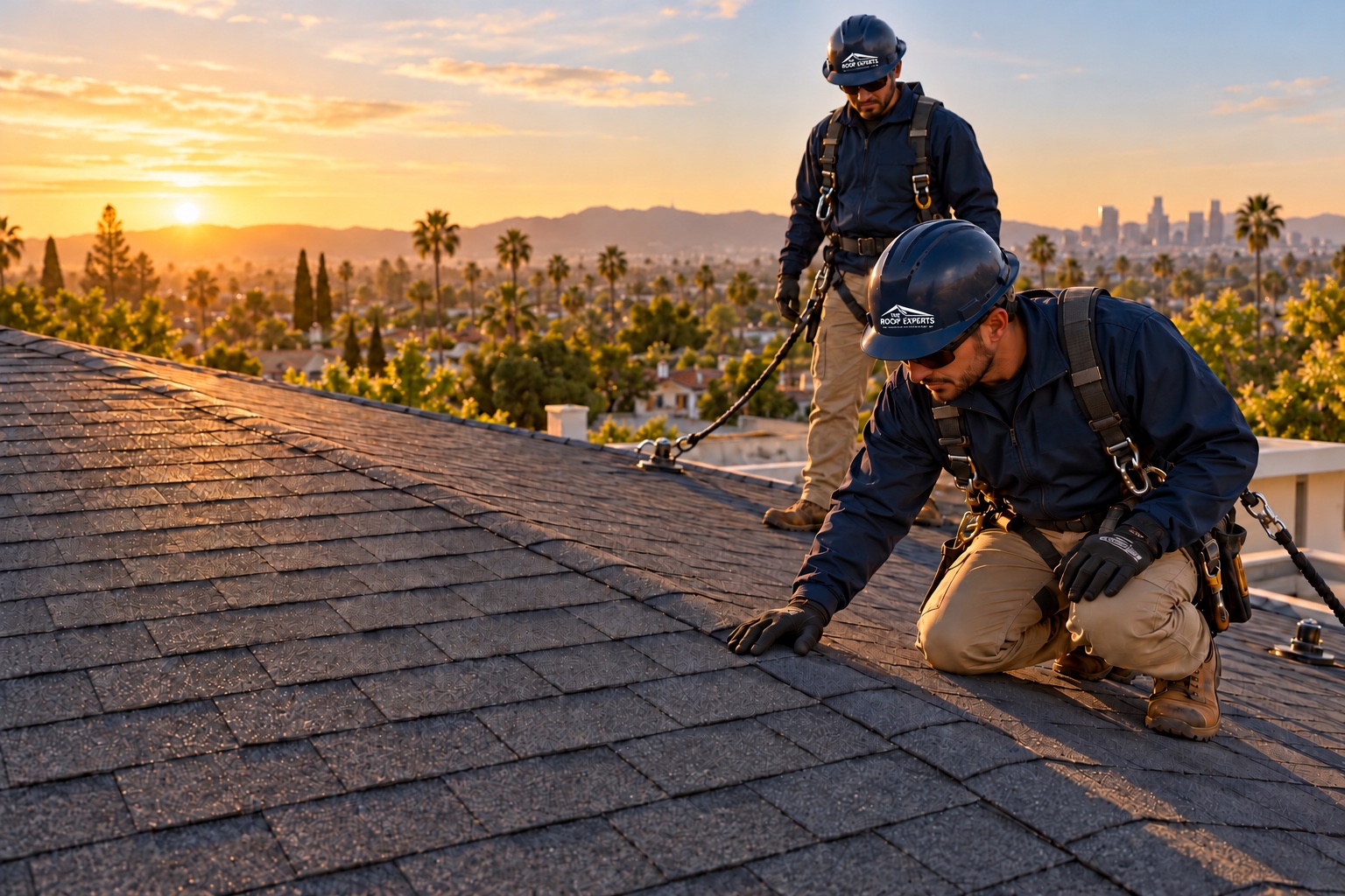 Roofing professionals in navy workwear and safety harnesses checking a finished roof in warm Los Angeles evening light